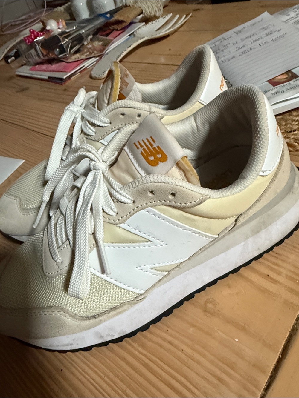 New Balance Women's Sneakers in Cream, White and Yellow Accent